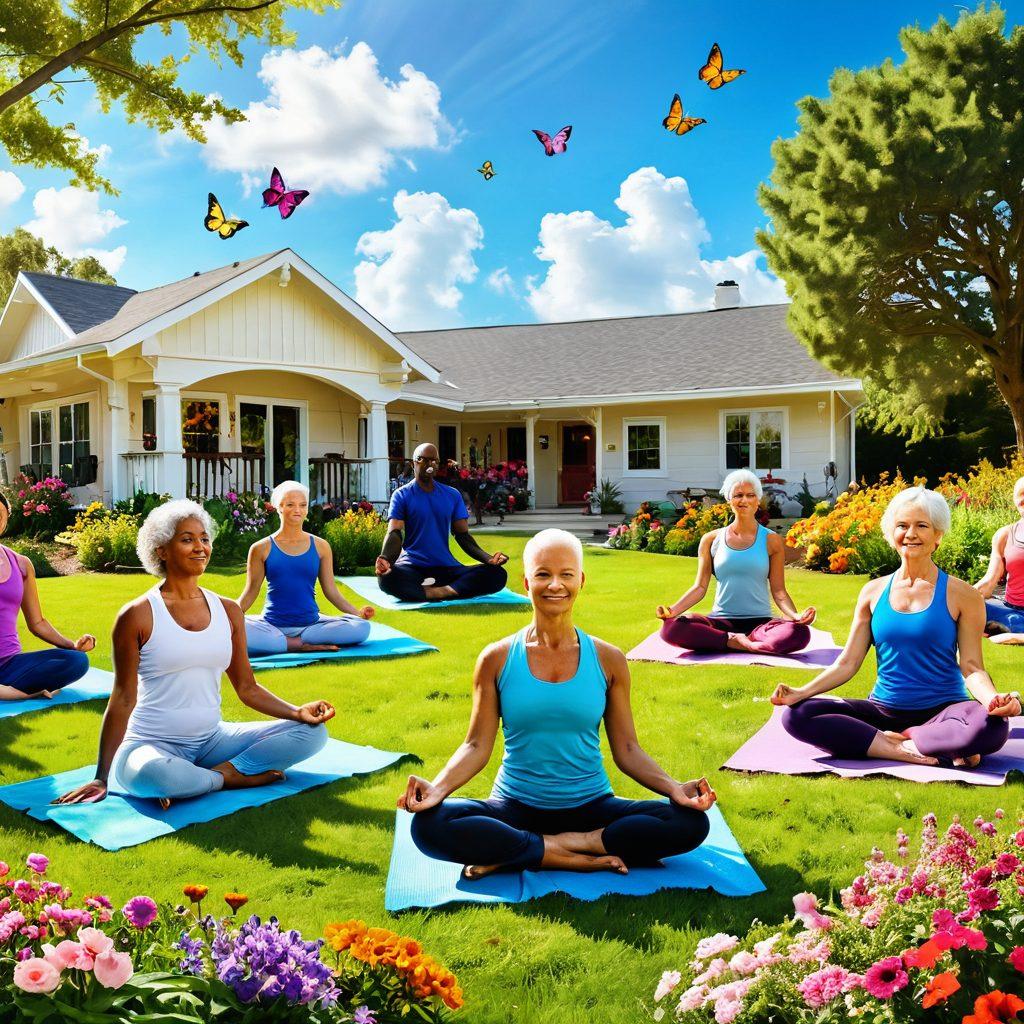 A serene scene depicting a diverse group of cancer survivors engaging in various wellness activities, such as yoga, meditation, and gardening, under a sunny sky. Include symbols of hope like butterflies and colorful flowers, along with supportive friends and family members. The atmosphere should convey empowerment, healing, and community. super-realistic. vibrant colors. uplifting theme.
