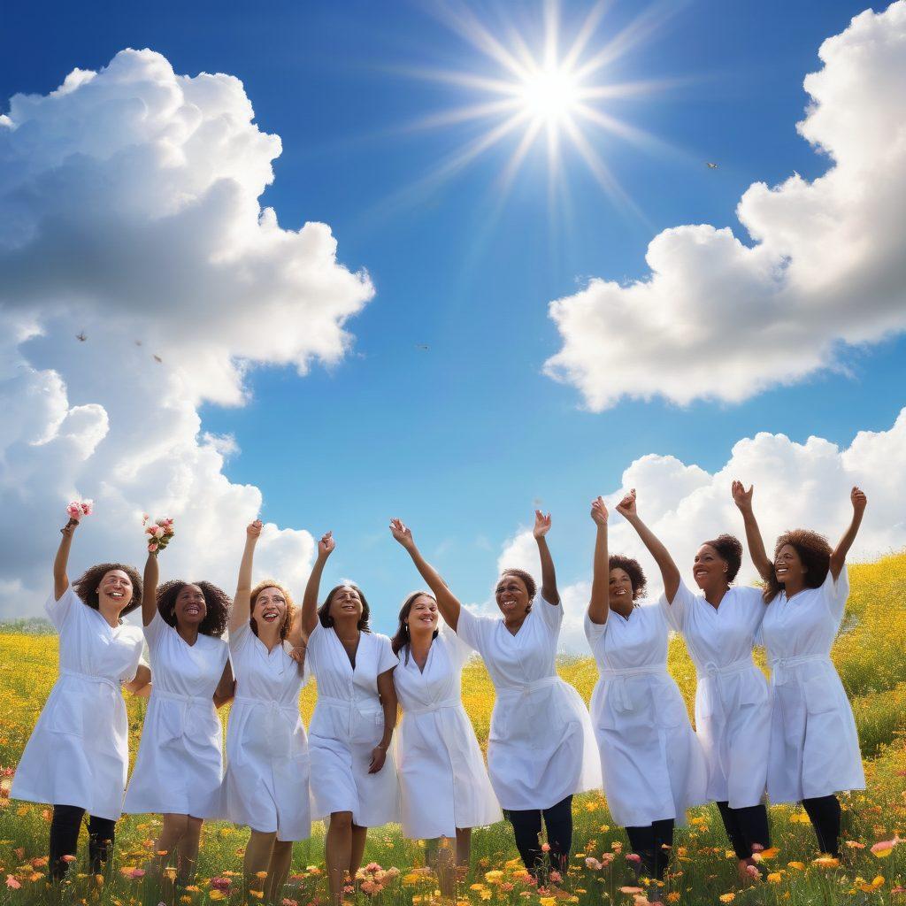 A serene scene depicting a diverse group of individuals joyfully celebrating a milestone in their recovery journey. Surround them with symbols of hope like blooming flowers and sunlight breaking through clouds, emphasizing triumph over adversity. Include subtle hints of medical imagery like discreetly placed stethoscopes and band-aids as reminders of their journey. The background should be warm and uplifting, filled with a blue sky and lush greenery. vibrant colors. super-realistic.