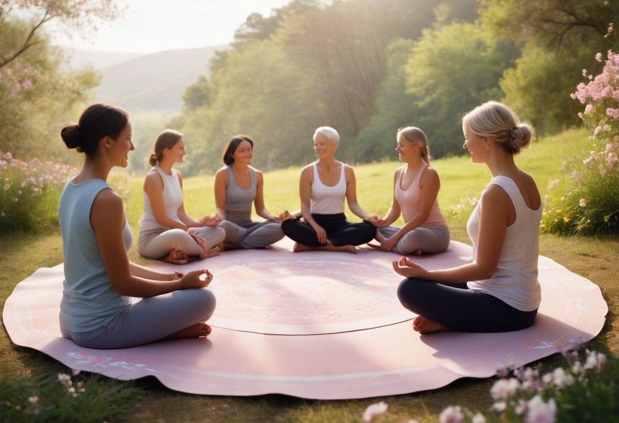 A warm and inviting scene depicting a diverse group of individuals engaged in a supportive circle, sharing stories and laughter. Include subtle symbols of cancer awareness, like pastel ribbons, alongside elements representing wellness such as yoga mats and herbal teas. The background features a serene landscape with blooming flowers, emphasizing hope and recovery. soft colors. gentle light. inspirational vibe.